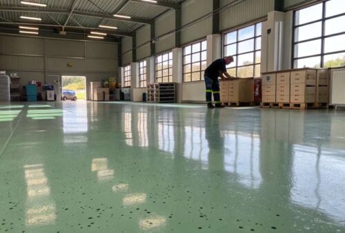 Eco-friendly commercial epoxy flooring in a modern sustainable business space Commercial Epoxy Flooring near me
