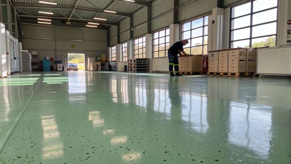 Eco-friendly commercial epoxy flooring in a modern sustainable business space Commercial Epoxy Flooring near me