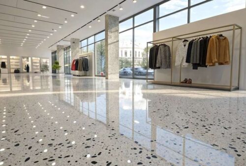 Epoxy flake flooring enhancing design and durability in retail stores